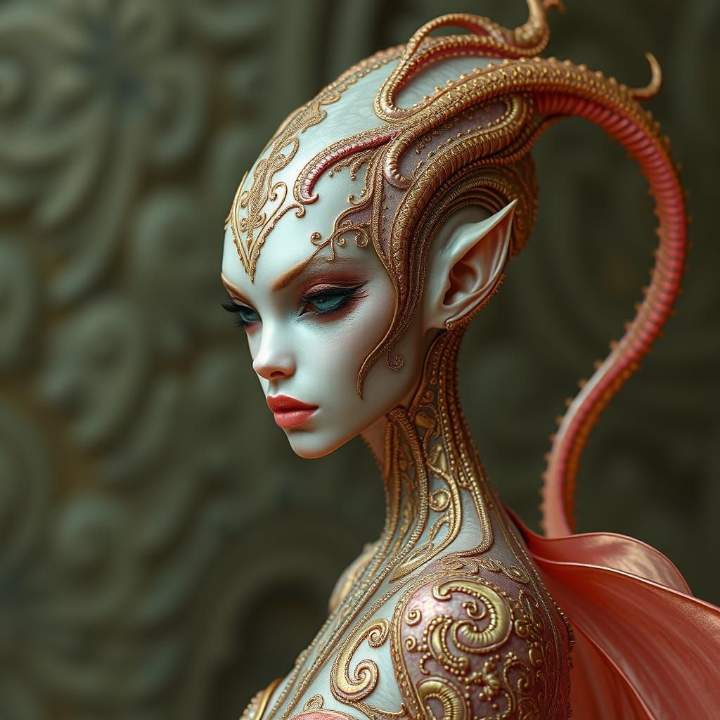 Glowing Alien Goddess in Iridescent Gold and Pink