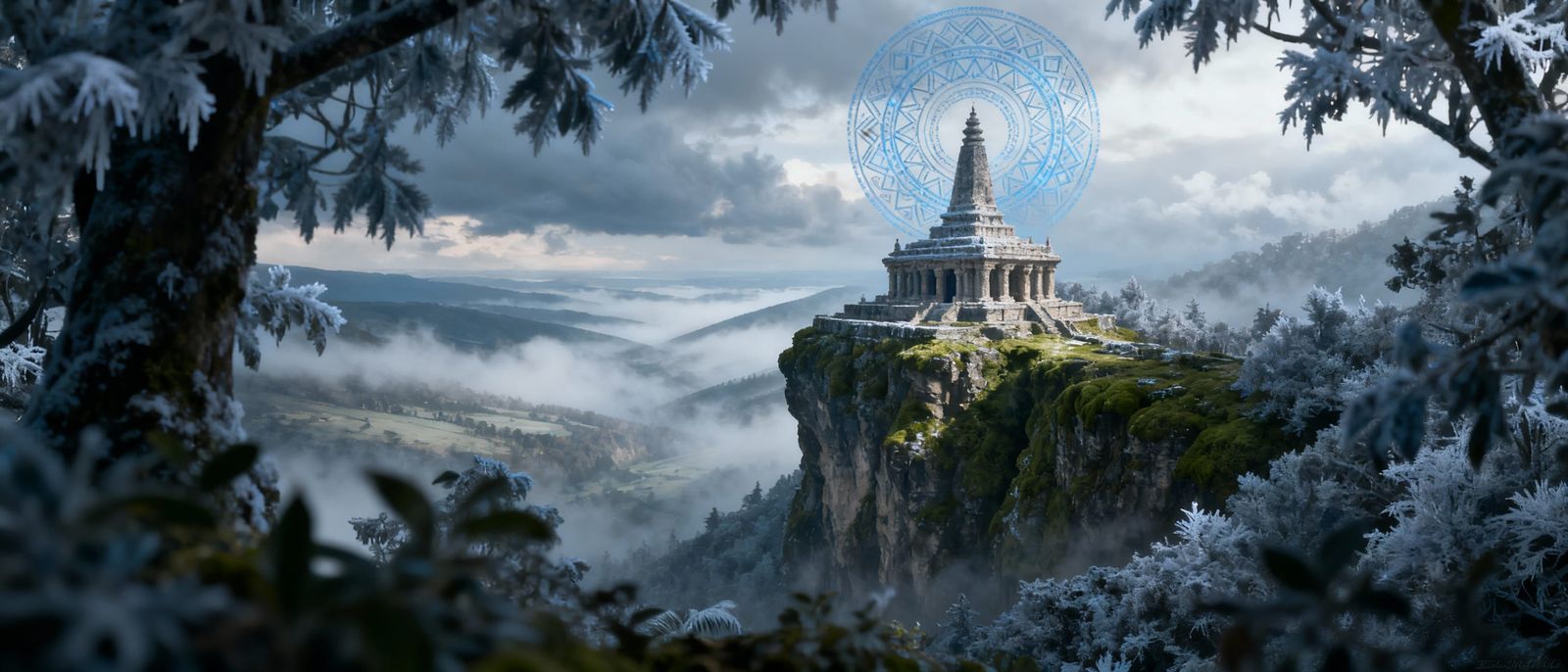 Ancient Temple on Cliff in Forest: Cinematic Digital Art