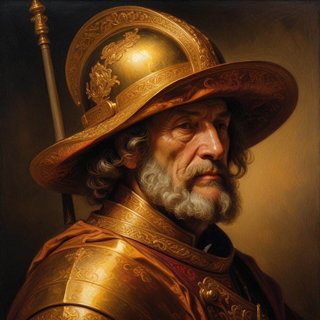 Elderly Man in Golden Helmet Contemplates by Warm Light