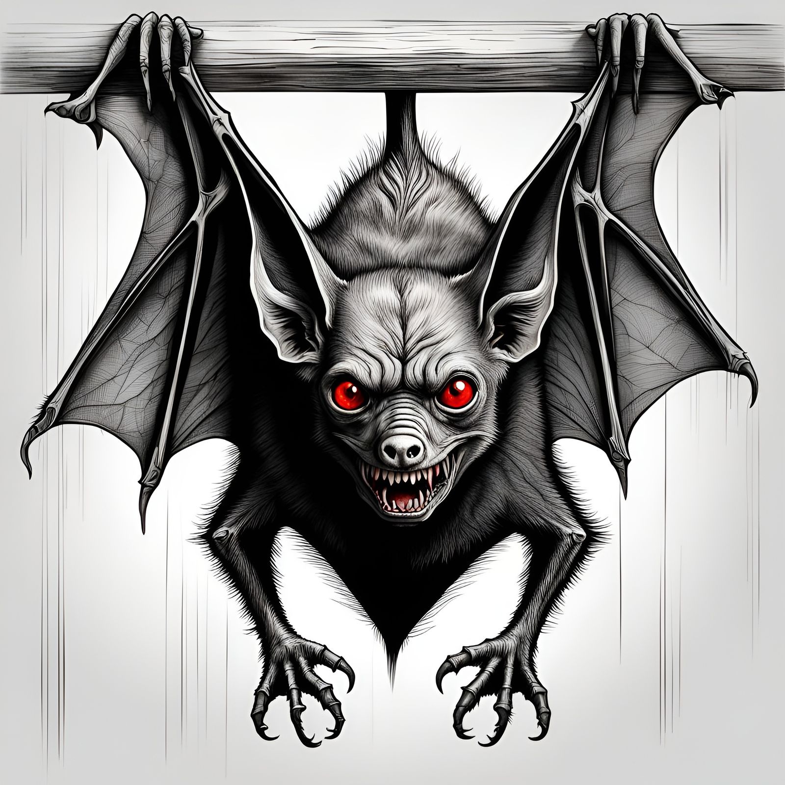 Vampire Bat Crosshatch Drawing with Red Eyes