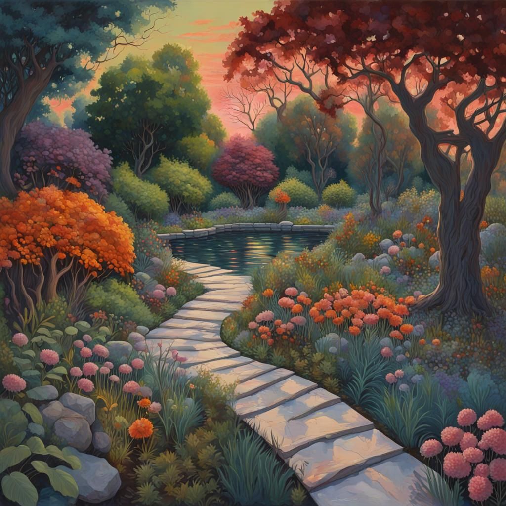 Secret Garden at Dusk: Macabre Expressionist Gouache Paintin...