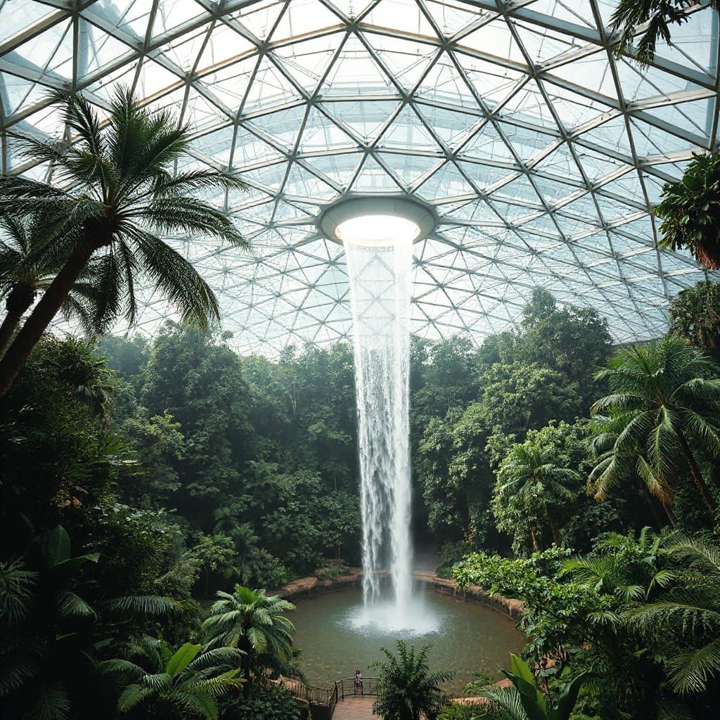 Vibrant Indoor Rainforest Oasis with Towering Waterfall