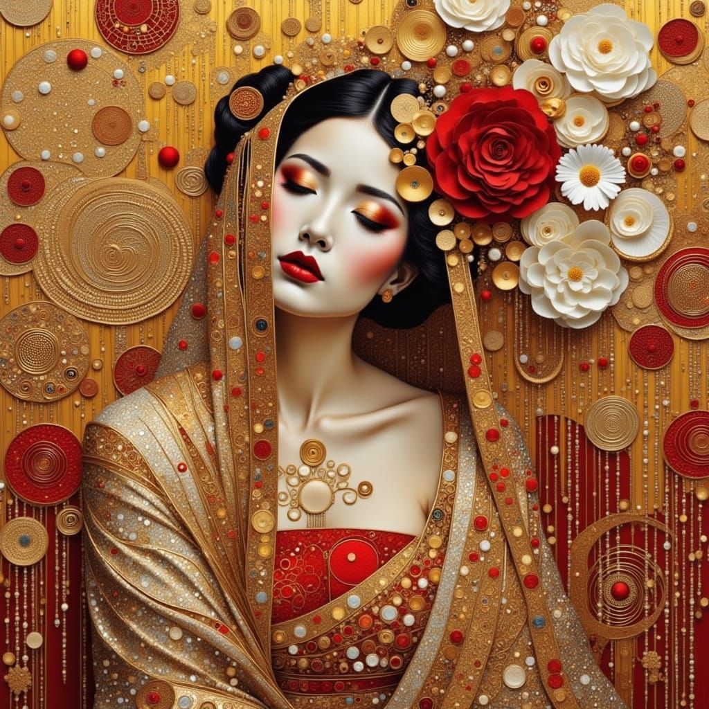 Surreal Geisha in Elegant Art Nouveau Style with Intricate F...
