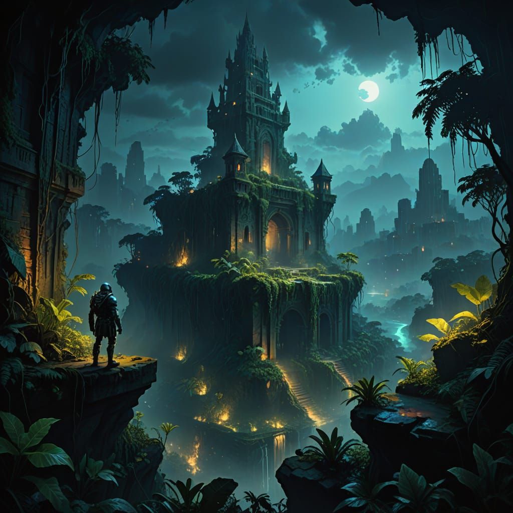 Knight Overlooking Bioluminescent Jungle City