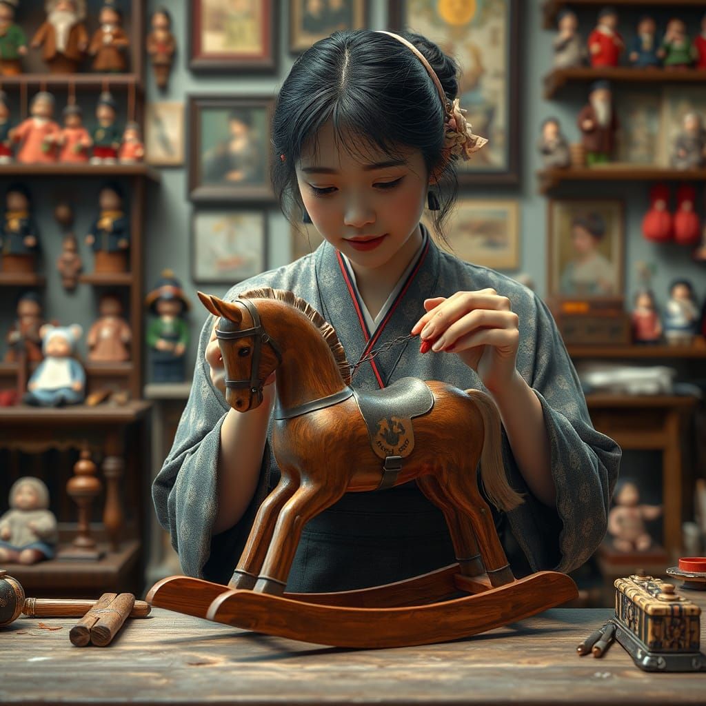 Japanese Woman Repairs Rocking Horse: Renaissance Painting