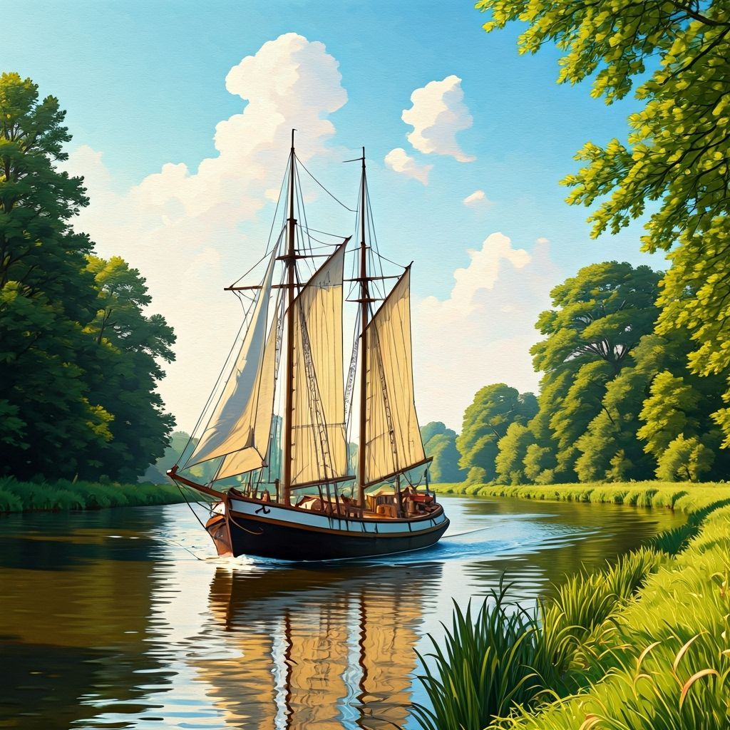 Vintage Barge on River in Picture Book Style