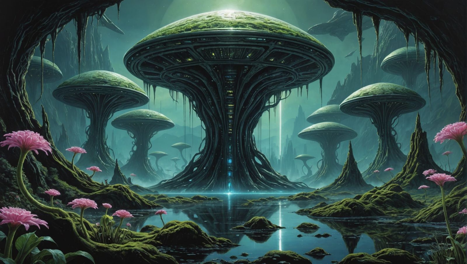 Hyperdetailed Alien Landscape with Flora and Beings