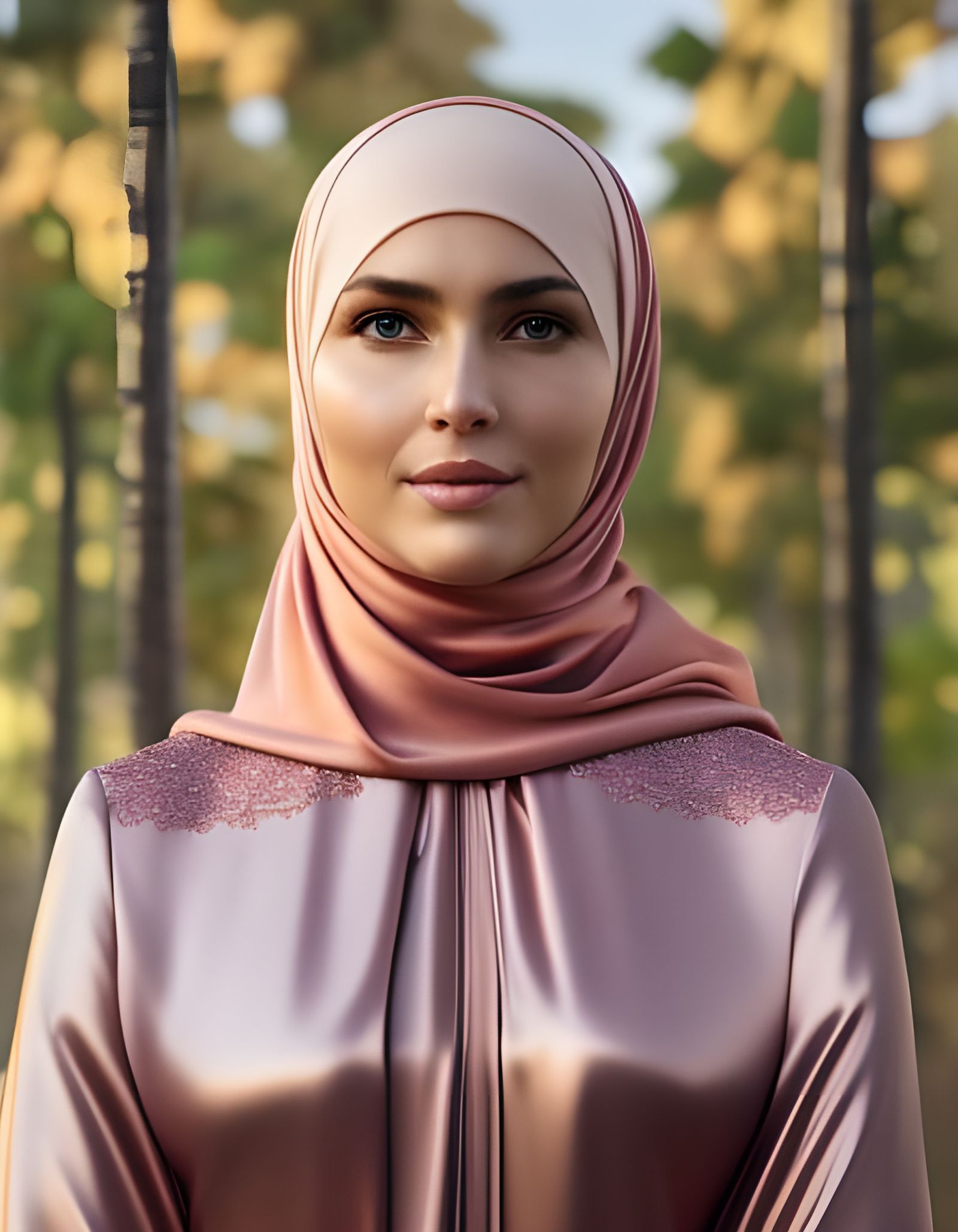 Radiant Hijabi Woman in Pink Satin, Detailed Portrait
