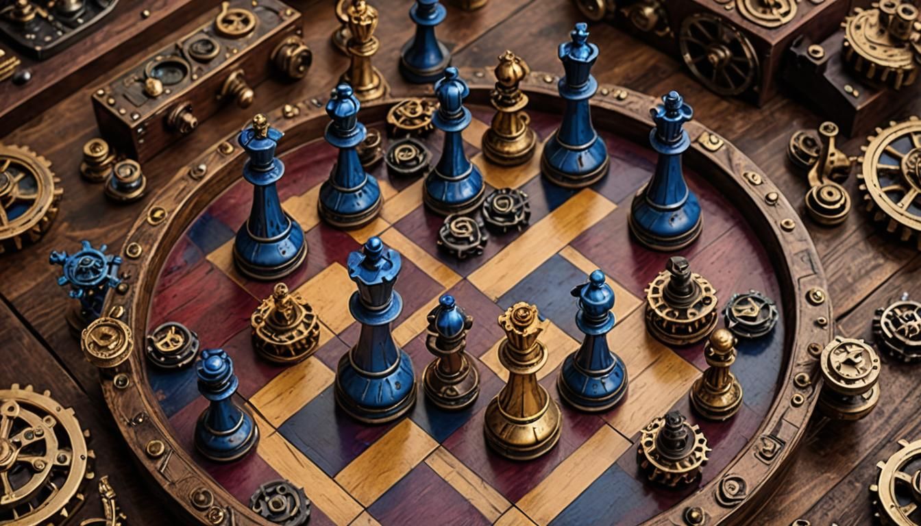 A steampunk-themed chess set, featuring intricate gears, cog...