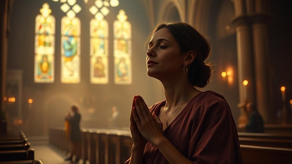 Woman Praying in Candlelit Church, Atmospheric Lighting