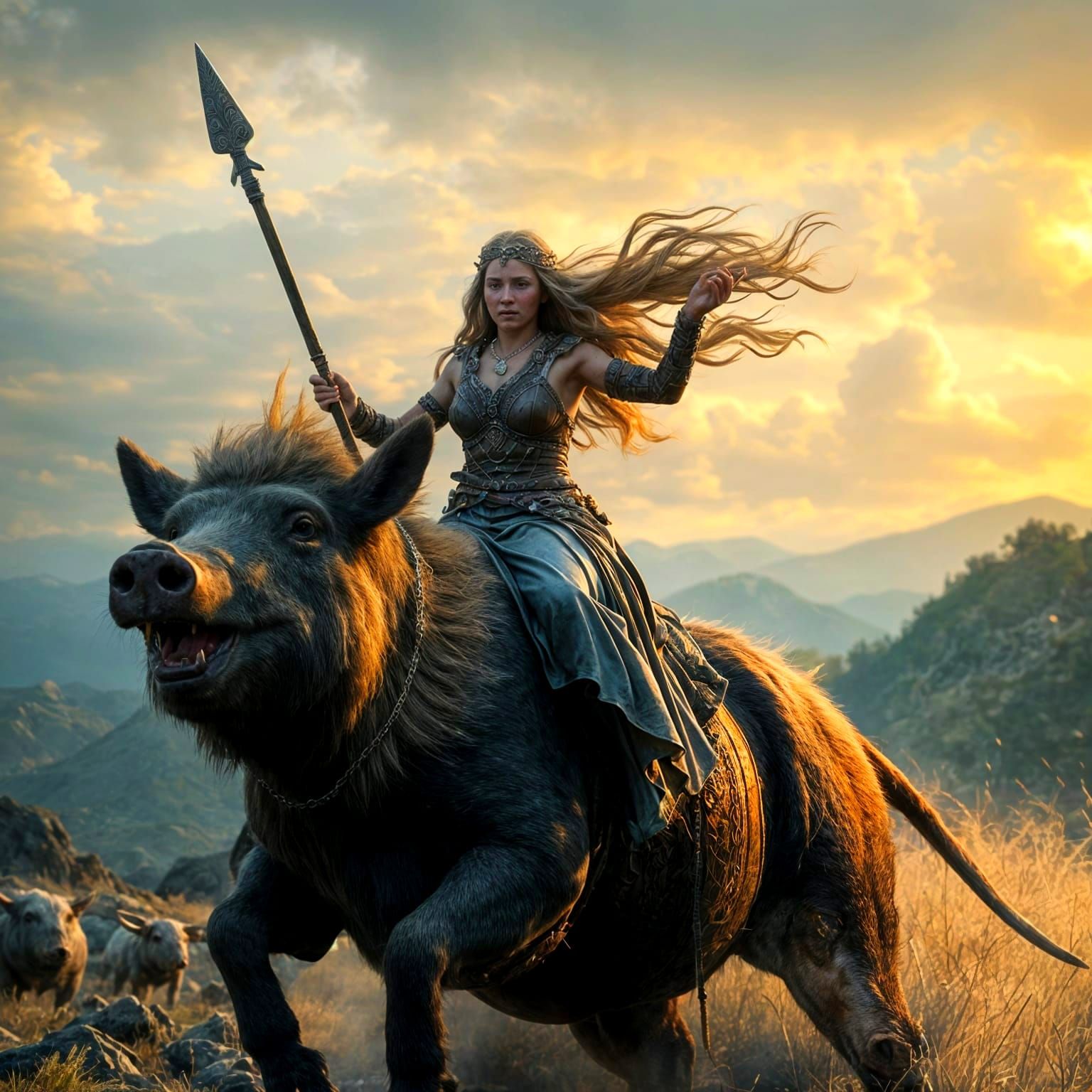 Freyja Rides Hildisvini: Norse Goddess in Digital Painting
