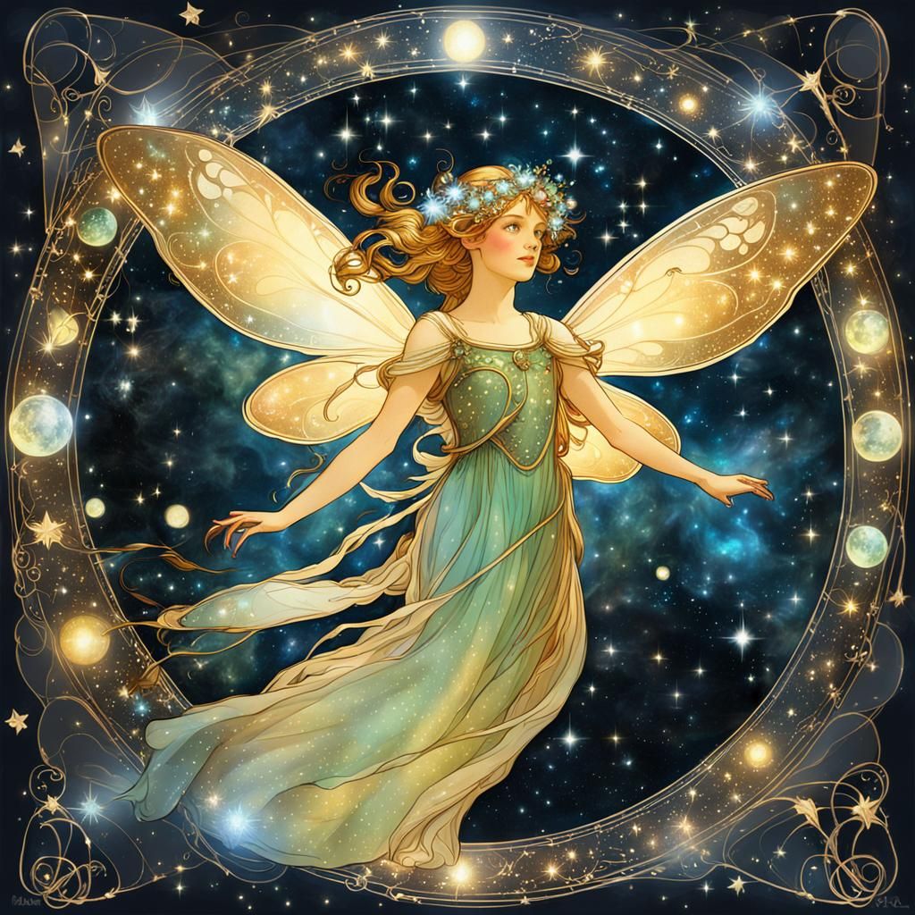Ethereal Fairy in Starry Space, Alphonse Mucha Style