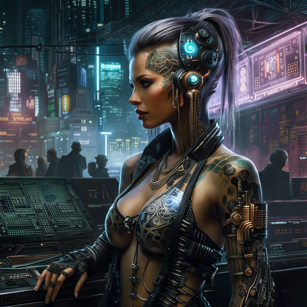 Cyberpunk Woman with Circuit Board Tattoos