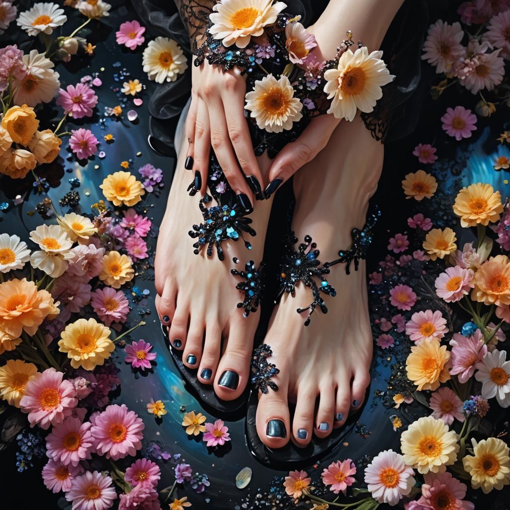 Mystical Feet with Black Pedicure in Magical Garden