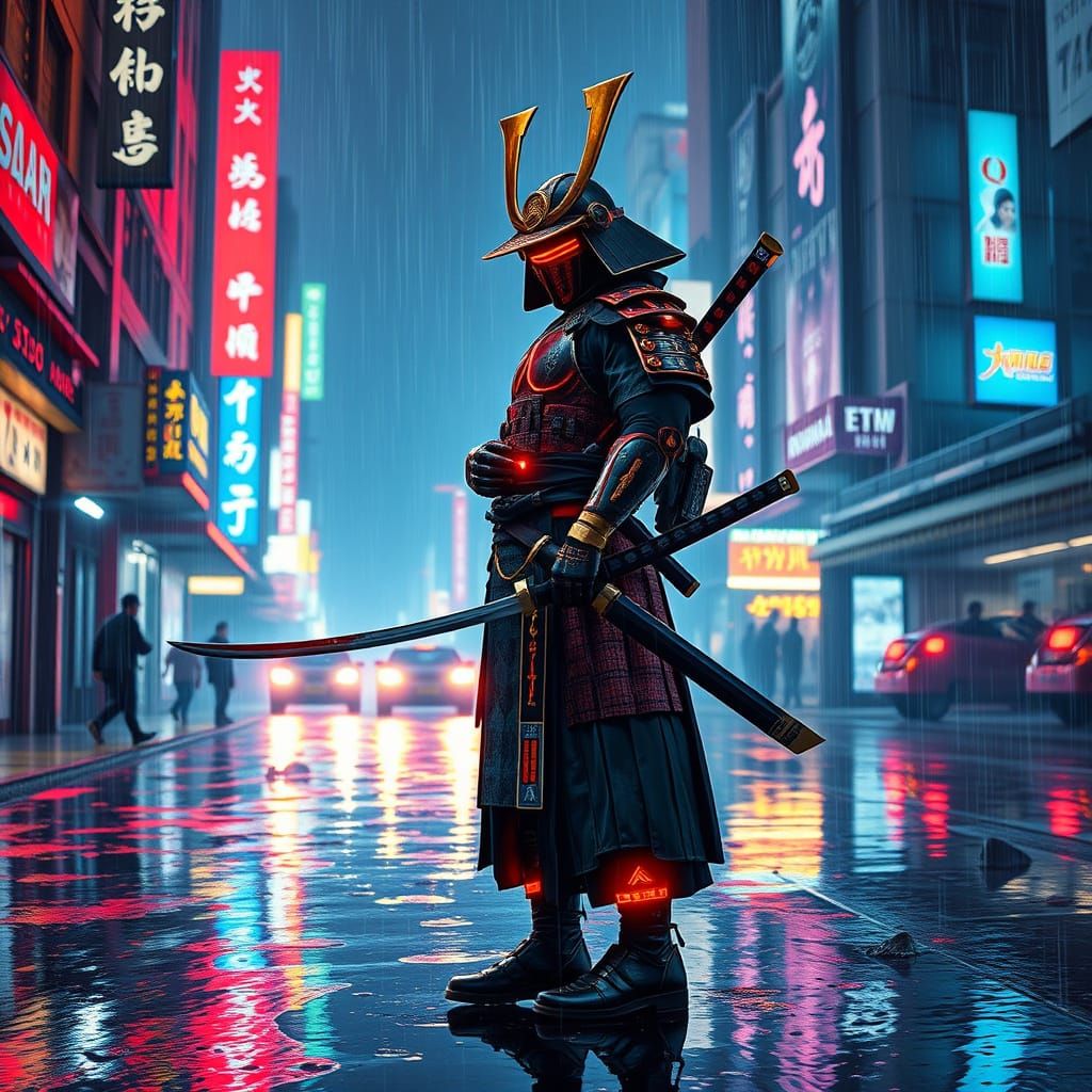 Samurai on Neon Street in Cyberpunk Style