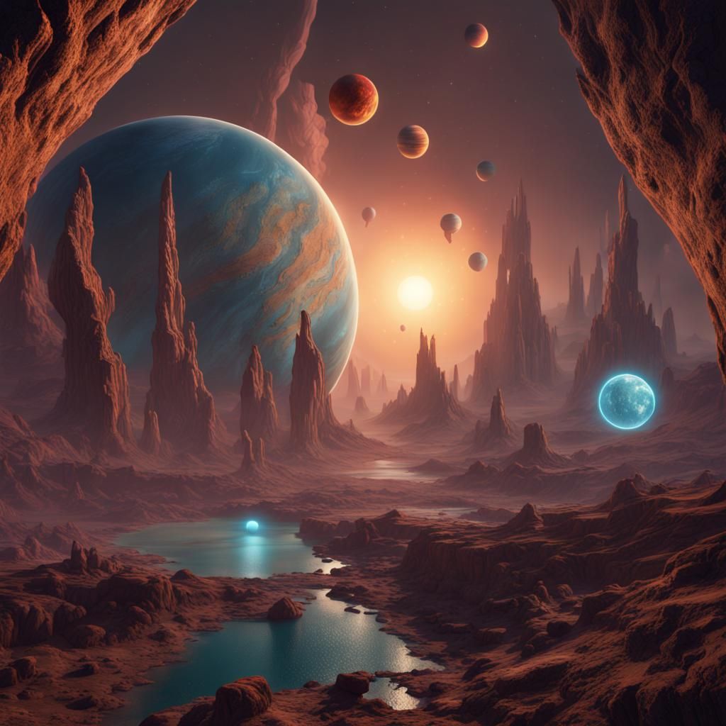 Detailed Matte Painting of Planets in Deep Color