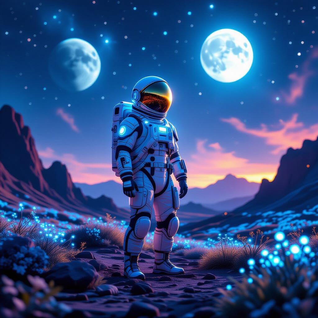 Retro-Futuristic Astronaut on Bioluminescent Alien Planet