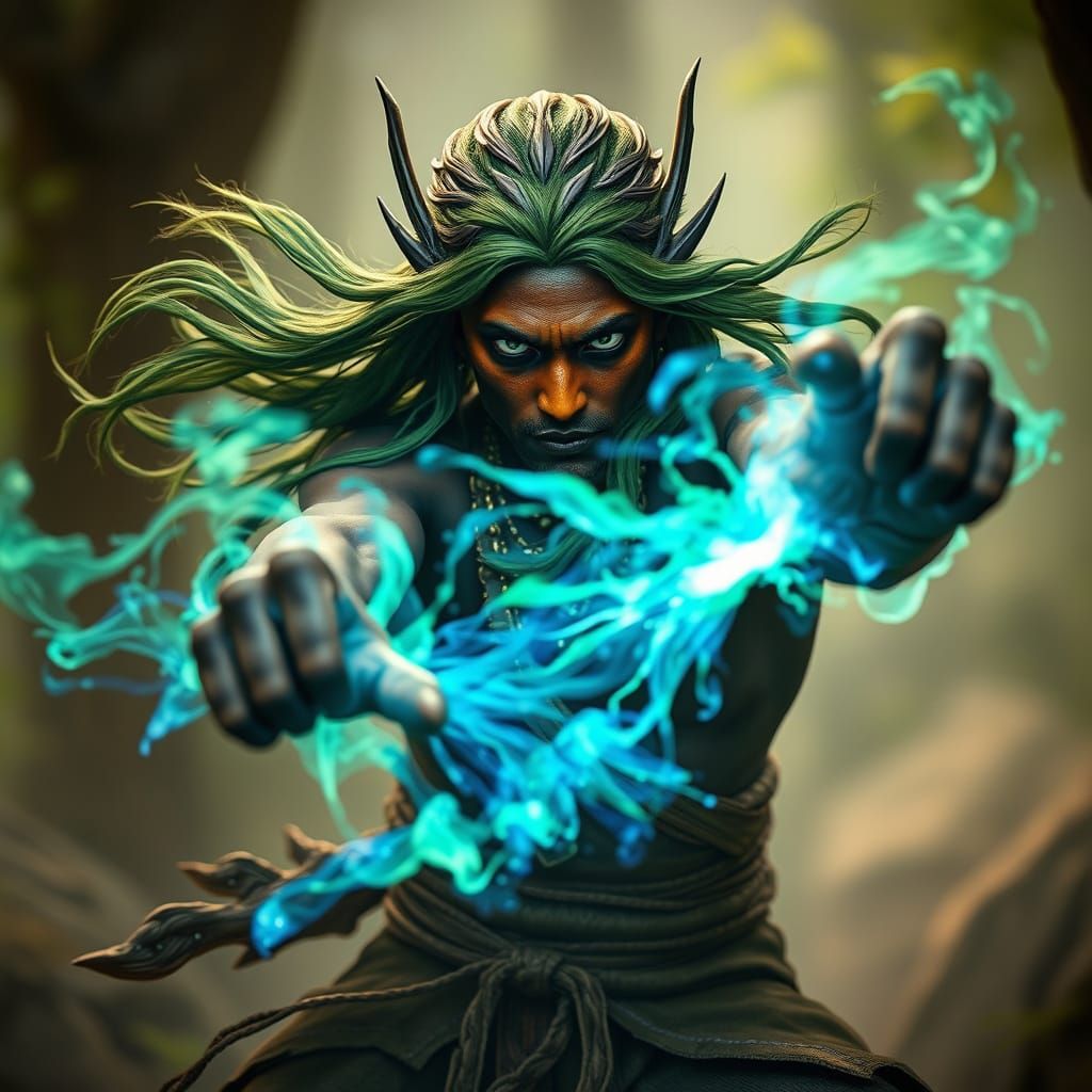 Dynamic Wood Elf Druid Unleashes Magic in Dark Fantasy