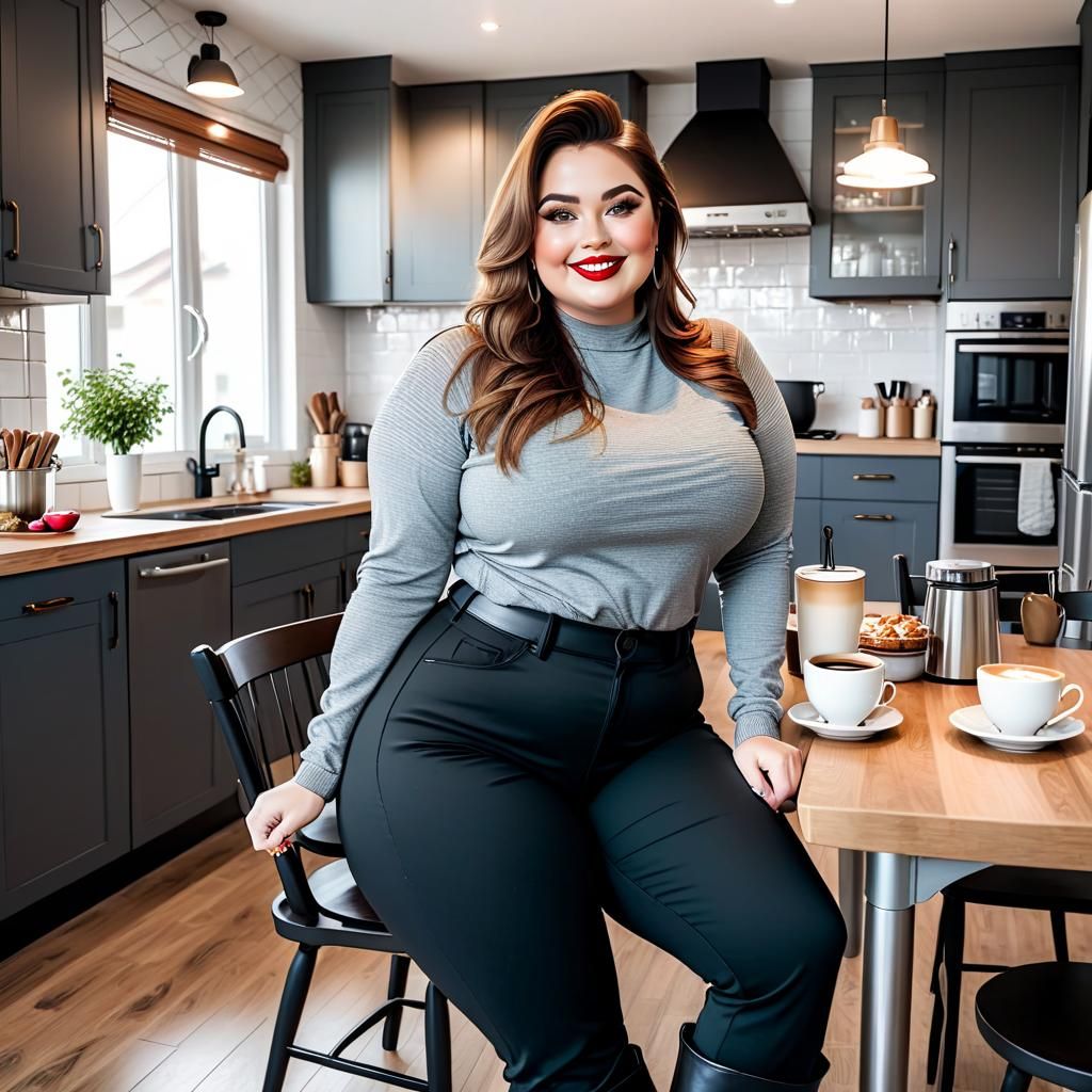 Attractive Woman Drinks Coffee in Elaborate Kitchen
