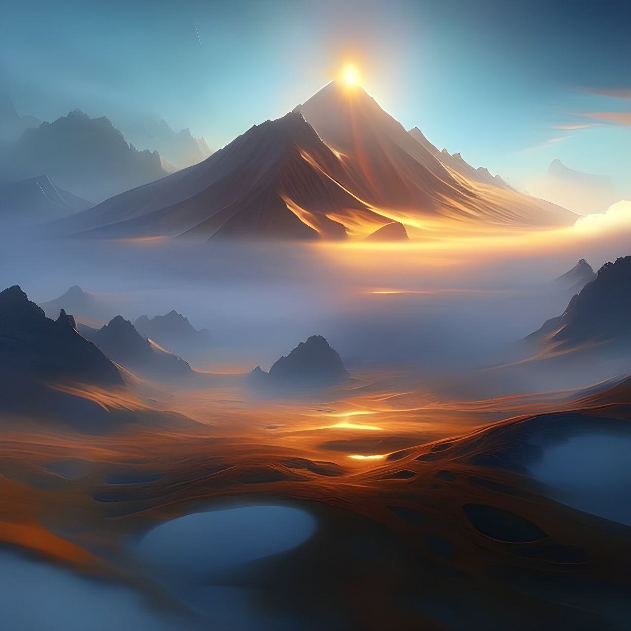 Surreal Volcano Landscape with Copper Lattice