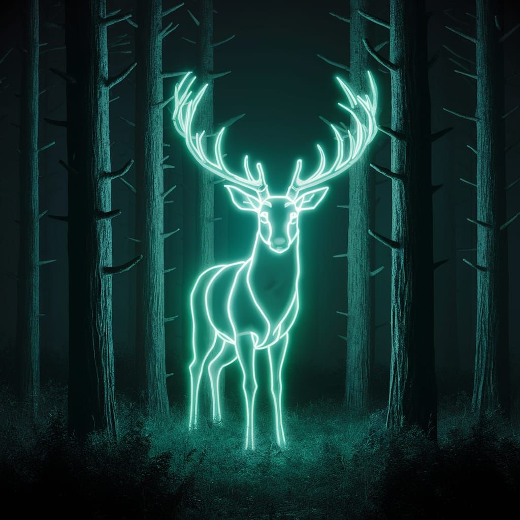 Glowing Deer Emerges from Dark Forest in Neon Light