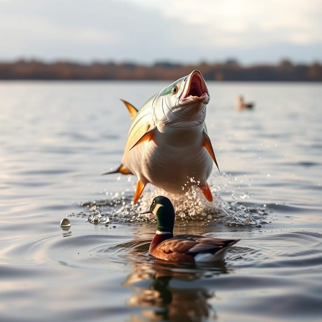 Tuna Jumps Toward Duck in Open Water
