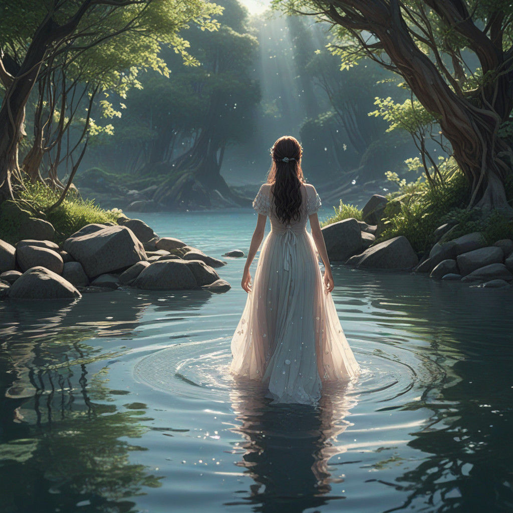 Ethereal Goddess Walks Serenely on Water's Surface