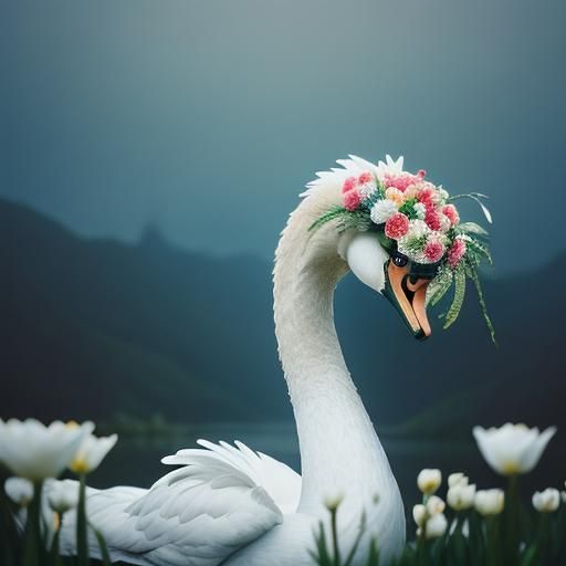 Swan Head in Flowers: Cinematic Film Still