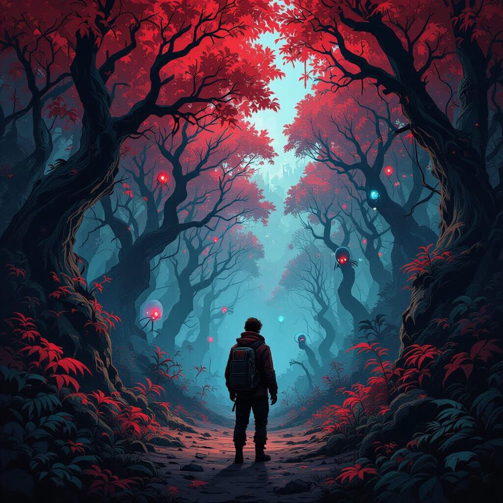 Explorer in a Deadly Alien Forest, Comic Book Style