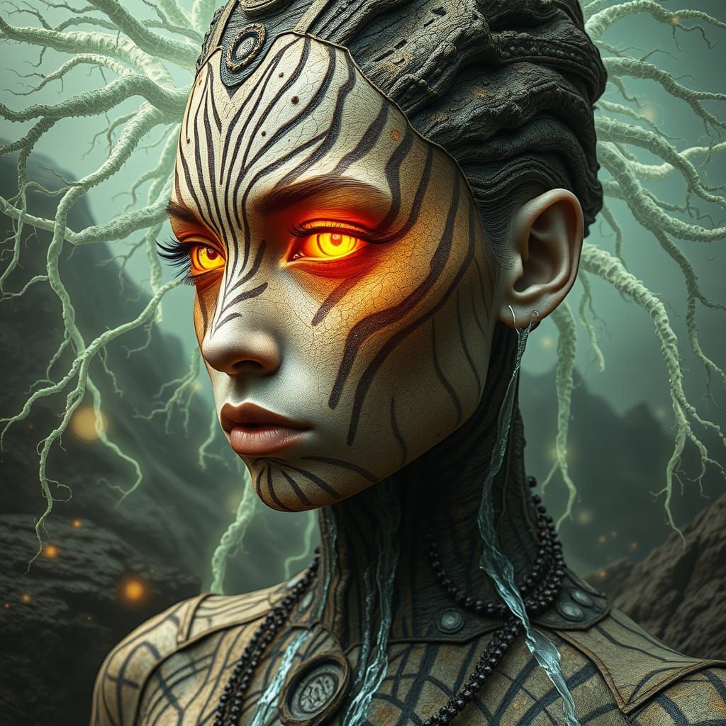 Surreal Transhumanist Woman Merged With Mycelium Network