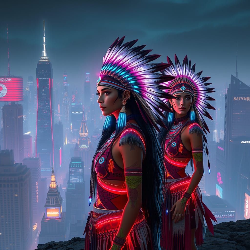 Surreal Cyberpunk Warriors in Tribal Attire