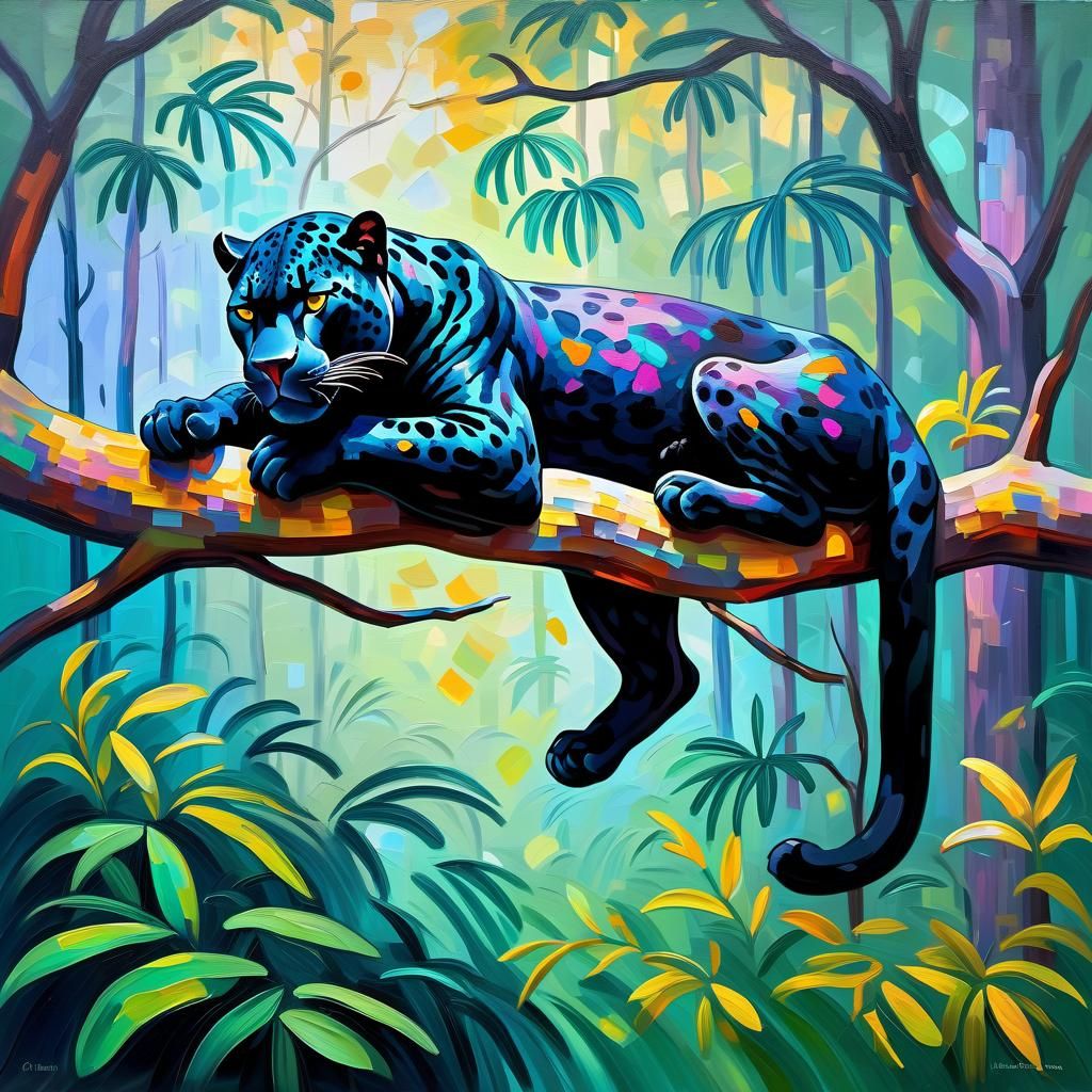 Black Jaguar Napping: Expressionist Oil Painting