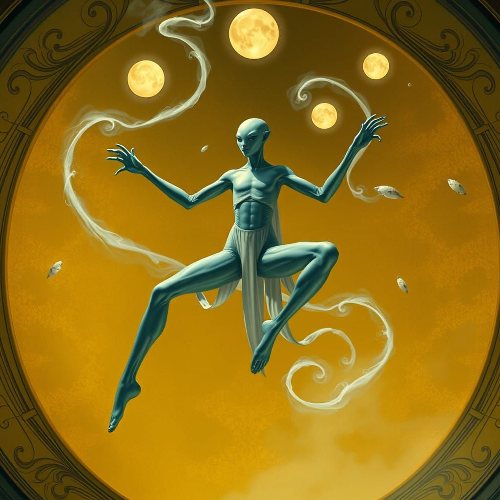 Alien Figure Suspended in Dreamlike Zero-Gravity Environment