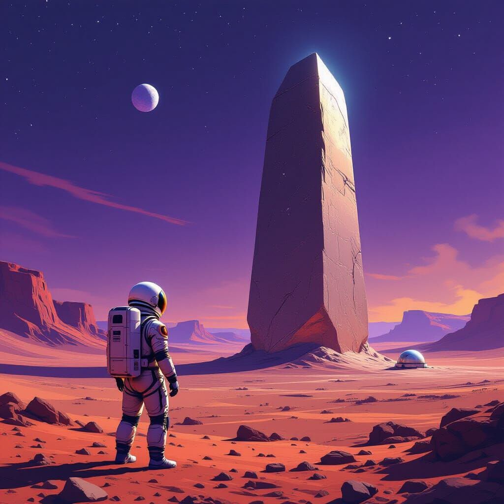 Astronaut Gazes at Alien Monolith on Mars