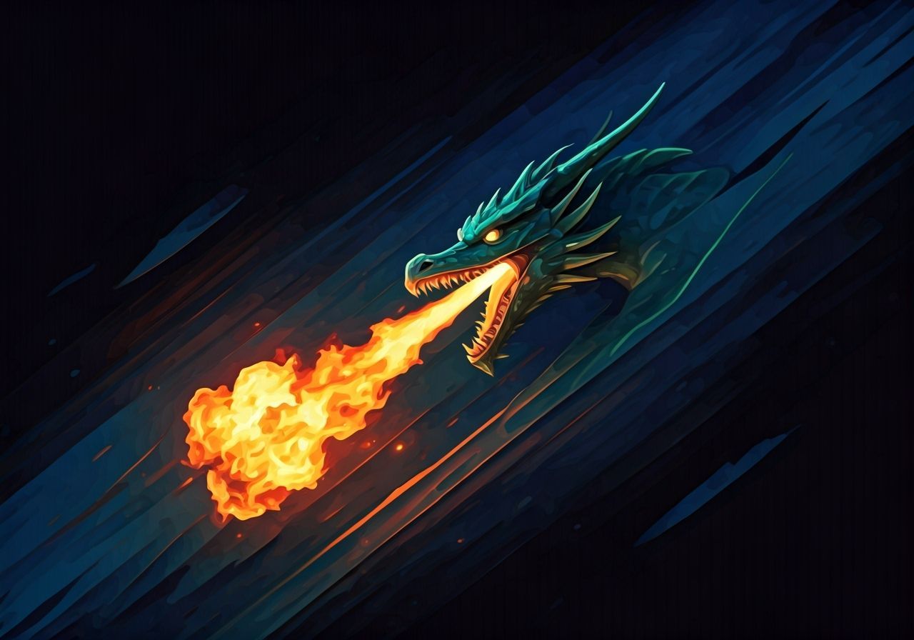 Abstract Dragon Breaths Fire in Deep Blue Strokes