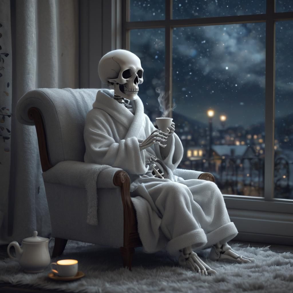 Chibi Skeleton Sipping Tea: Whimsical 3D Render