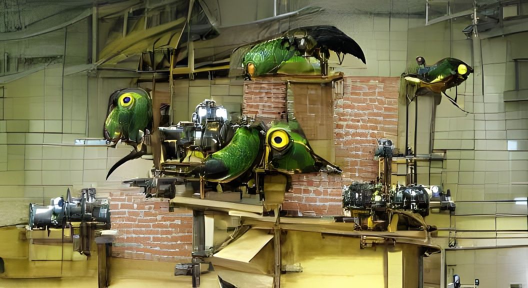 Steampunk Parrots in a Factory Setting