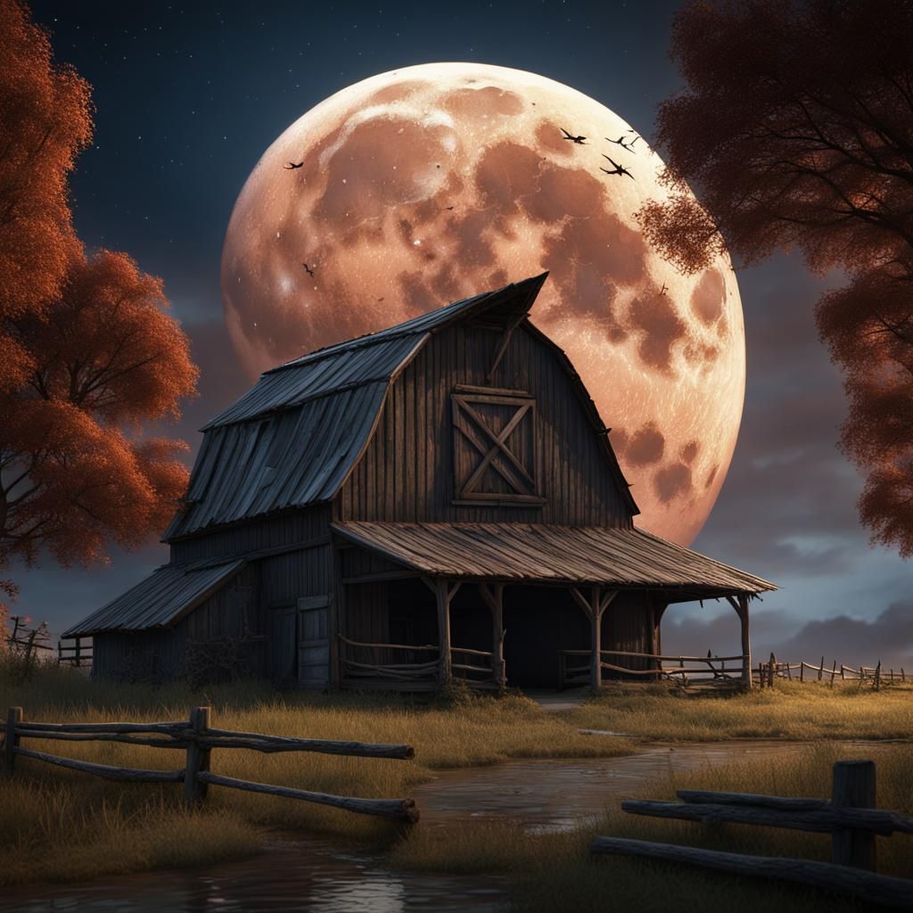 Barn on Branch in front of Moon, Digital Art