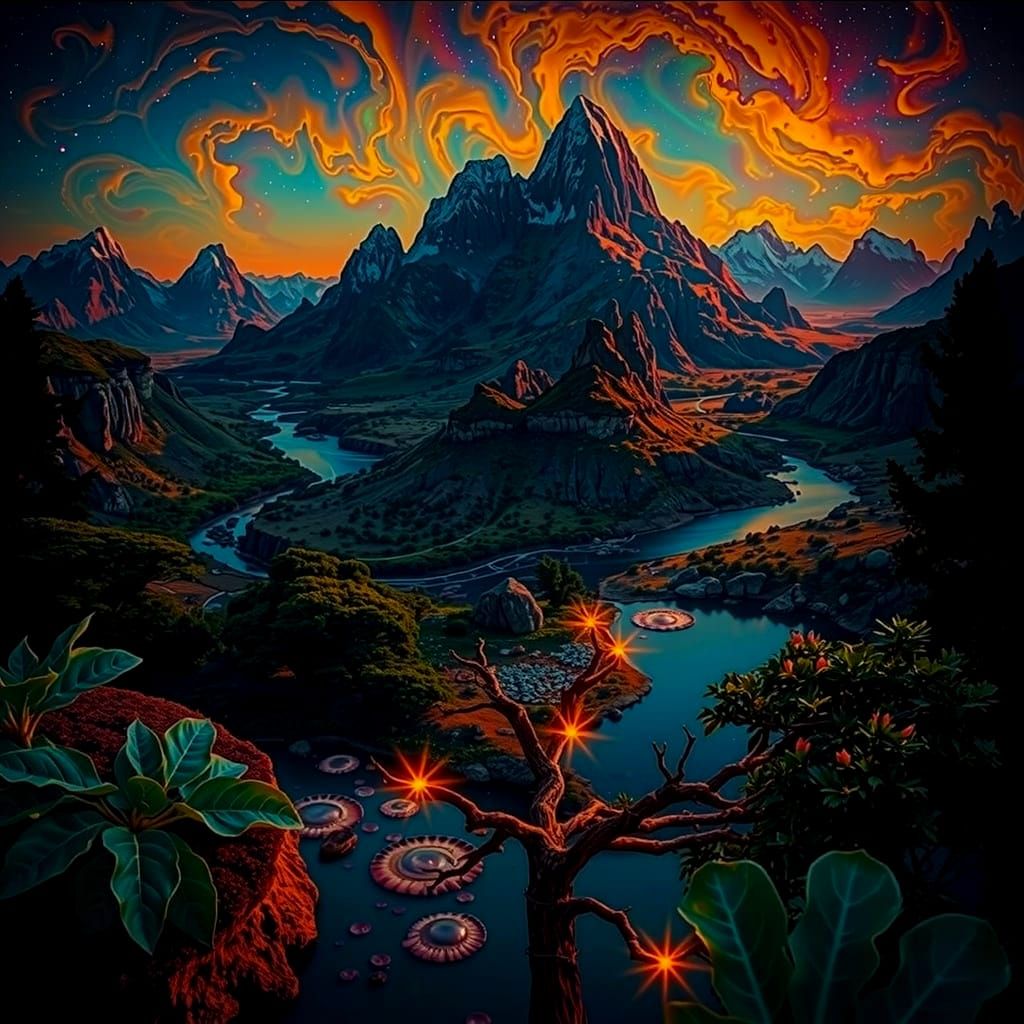 Fertile Landscapes Merge With Iridescent Mountains and Nebul...