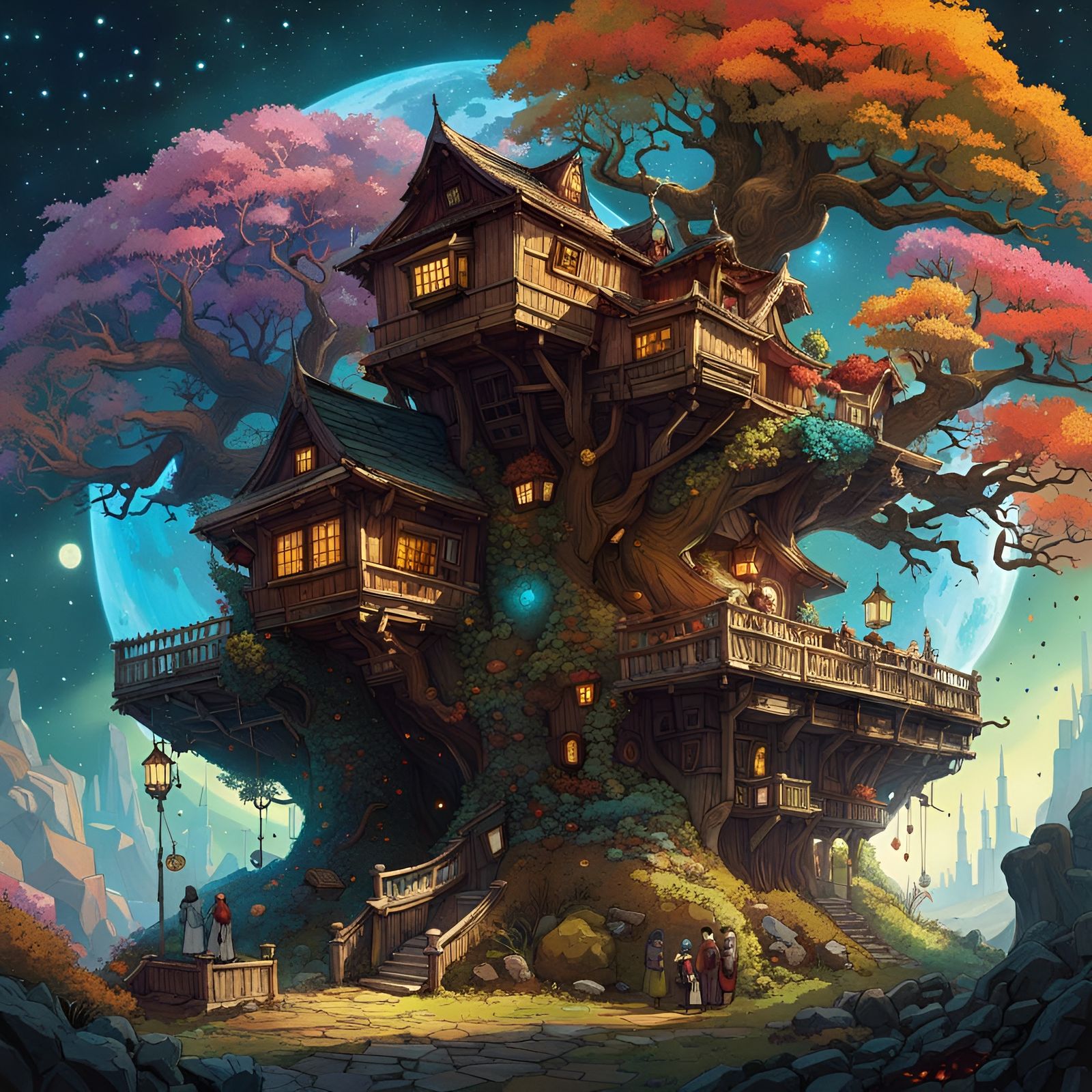 Cosmic Tree Inn: Digital Art by Monge and Amano