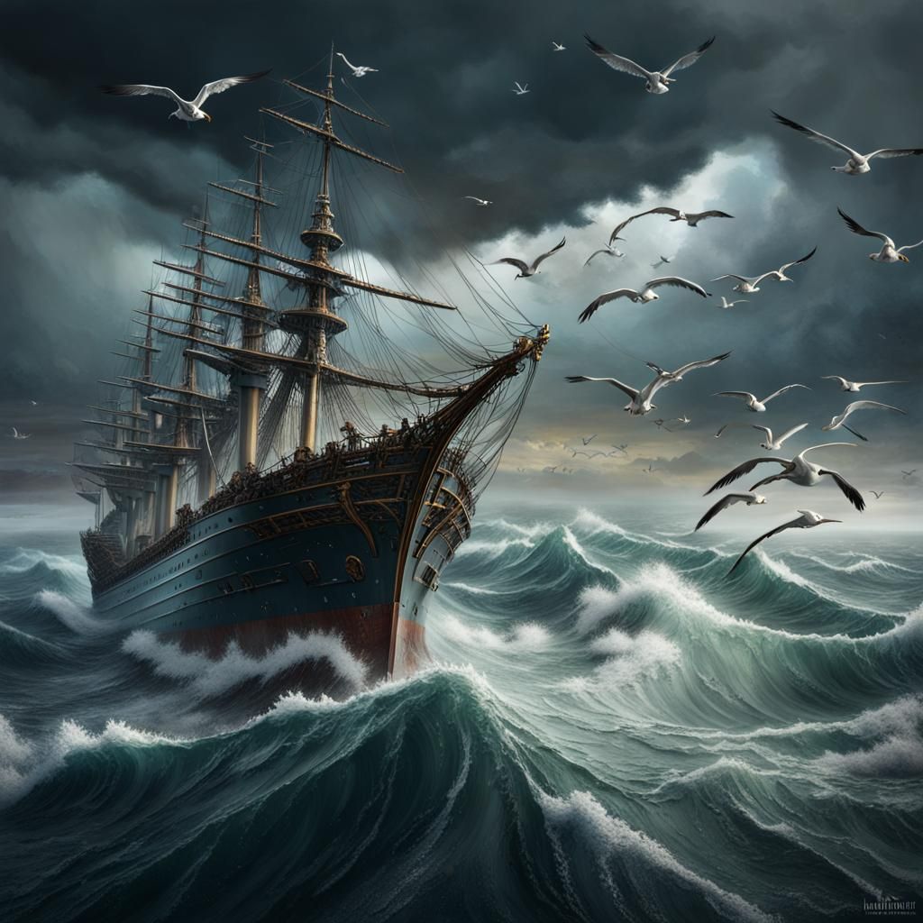 Ship on Stormy Ocean Matte Painting