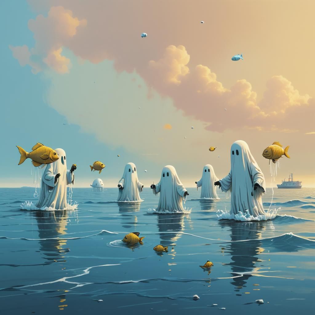 Friendly Ghosts Playing with Fish as Pixel Art