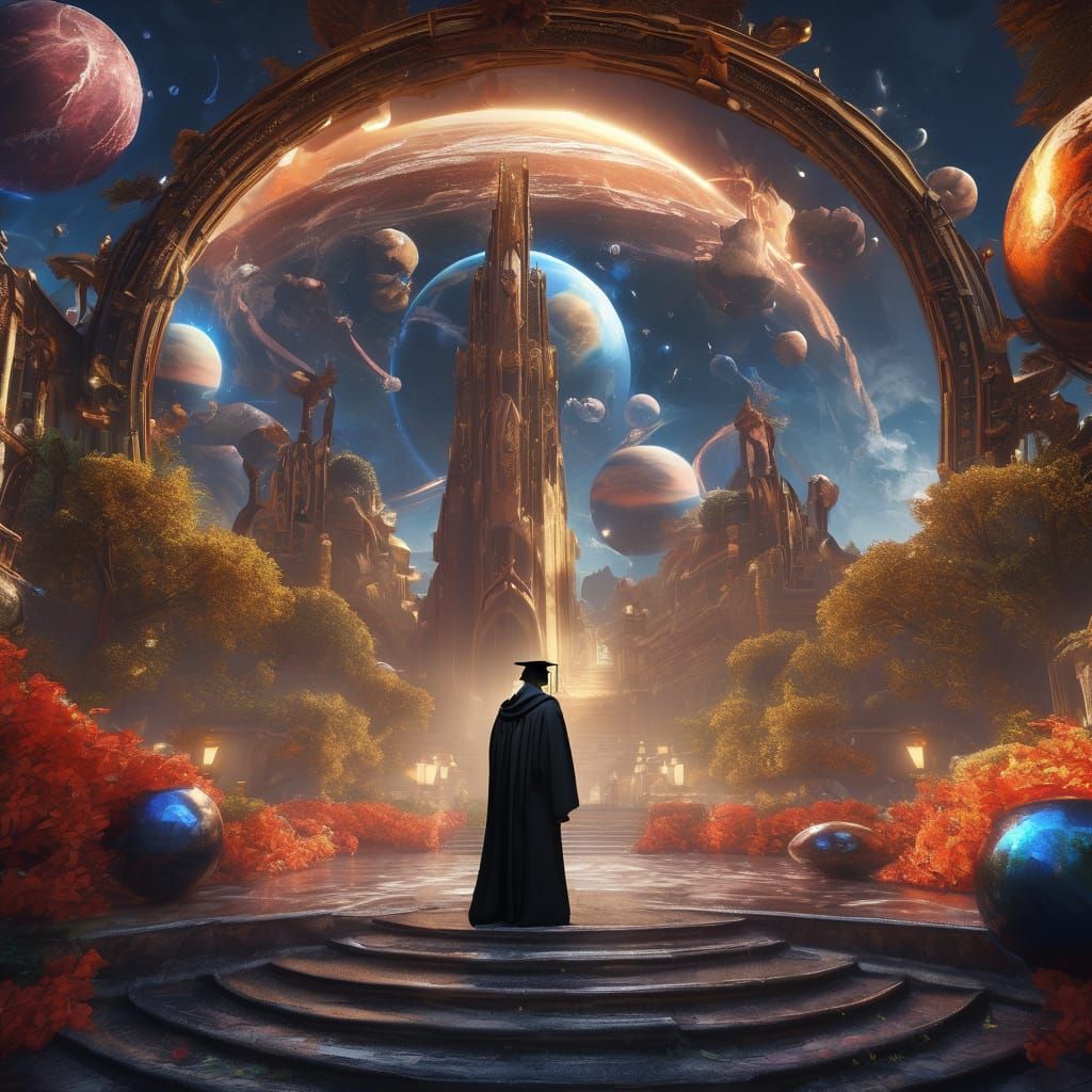 Graduate Reaching for Planets Above World Map