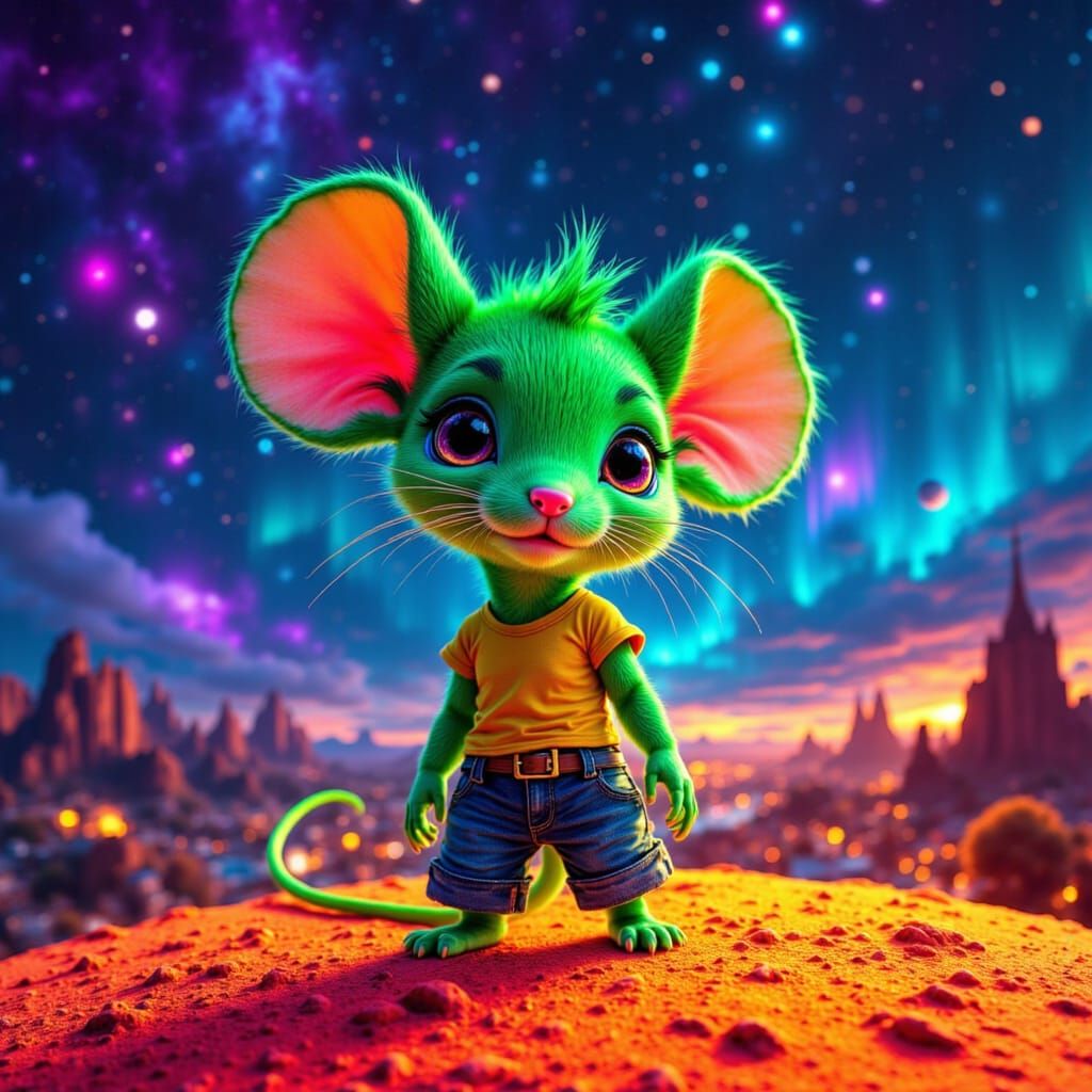 Neon Green Chibi Mouse on Orange Moon Surface