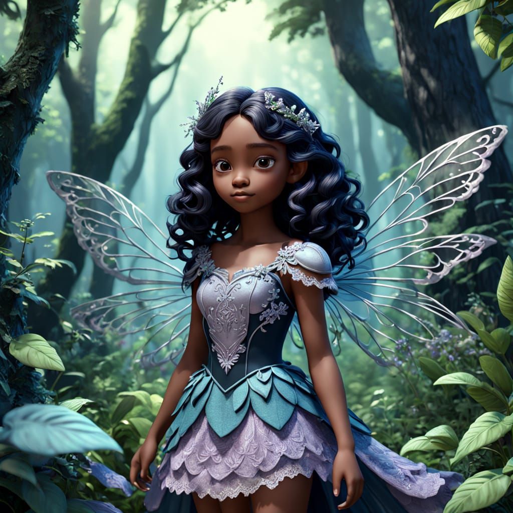 Ethereal Black Fairy with Silver Wings in Whimsical Forest