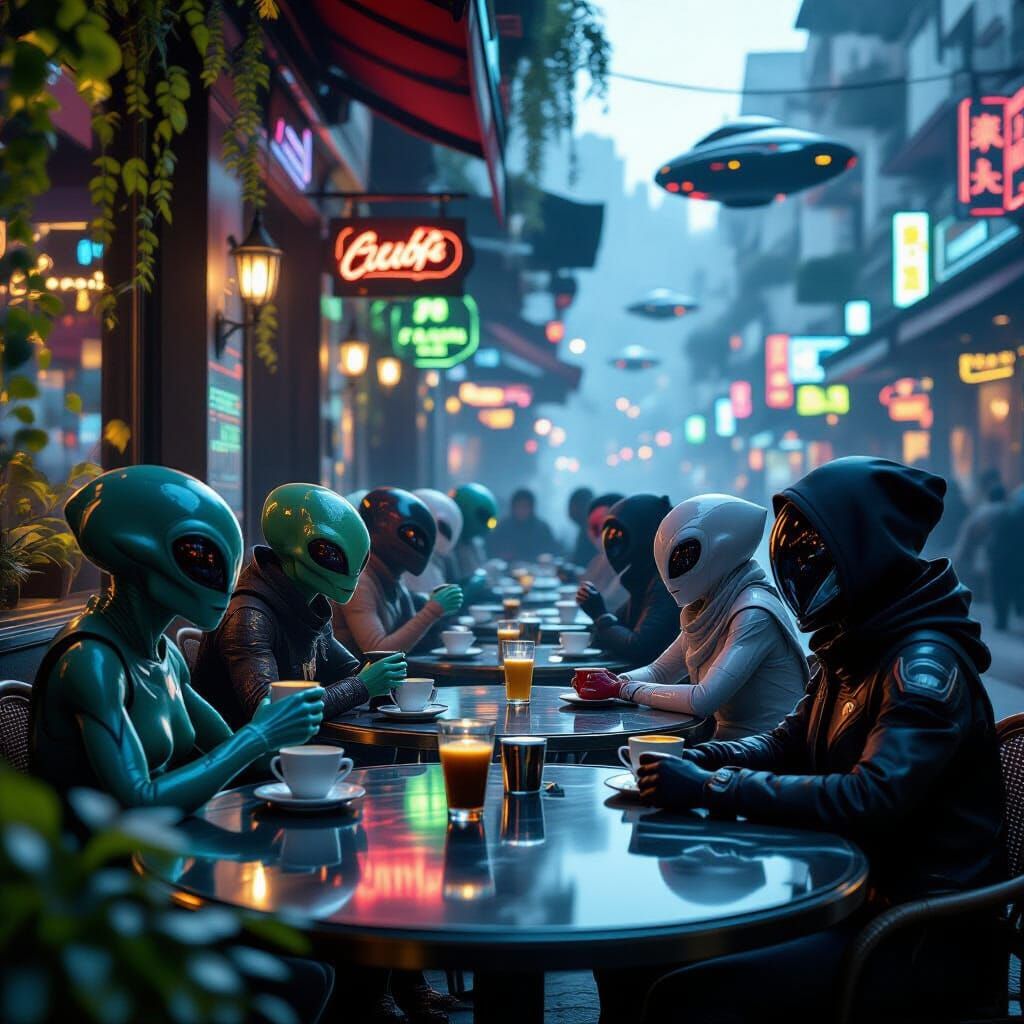 Alien Street Cafe with Extraterrestrials & Neon Signs