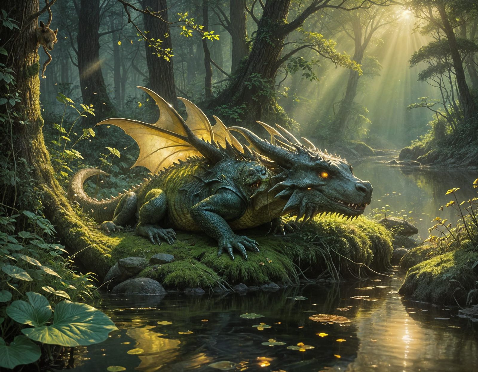 Moss Covered Dragon Napping in Forest Pond