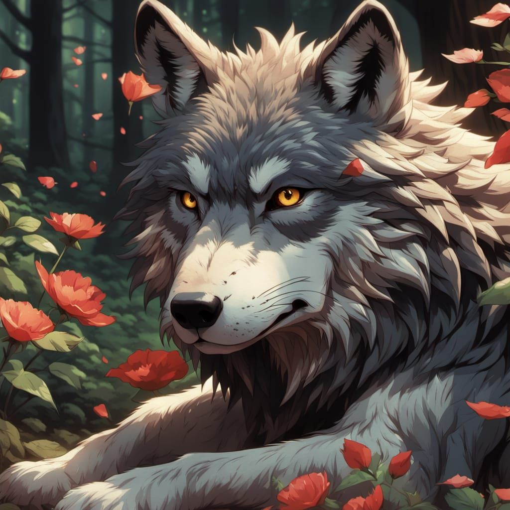 Anime Wolf Portrait with Rose Petals, Ghibli Style