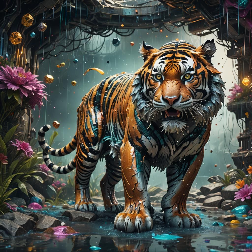 Colorful Greeble Tiger in Detailed 3D Digital Art