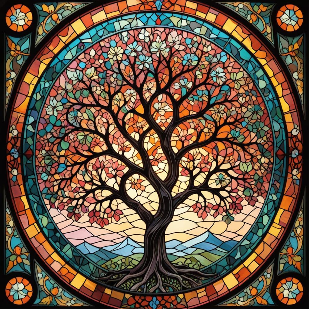 Filigree Fractal Cherry Tree in Stained Glass